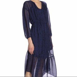 Vince Brushstroke Shirred Seamed Dress 100% Silk Coastal Blue Black Medium